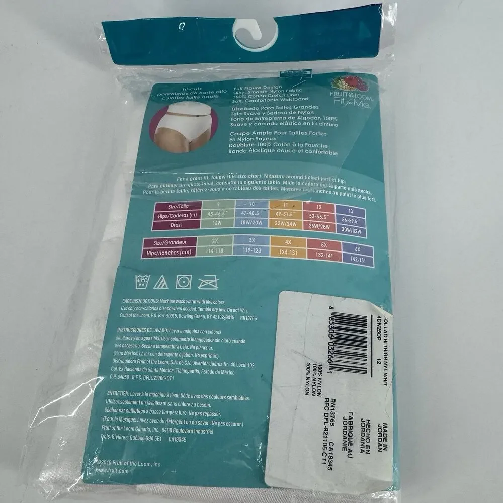 Fruit of the Loom Panties 4 Pr 5XL Plus Sz 12 Hi Cut White 100% Nylon